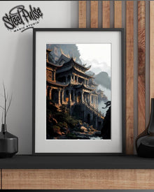 Ancient Mountain Temple Palace | Epic Chinese Fantasy Pagoda | Misty Cliffside Architecture Print | 2 Sizes