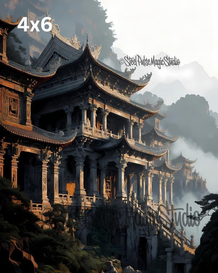 Ancient Mountain Temple Palace | Epic Chinese Fantasy Pagoda | Misty Cliffside Architecture Print | 2 Sizes
