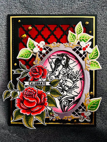 Red Roses and Filigree Outlined Woman in Frame Celebrate Card