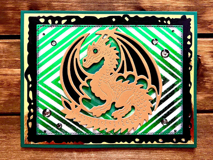 Gold Dragon and Green Foiled Diamond Background Blank Card