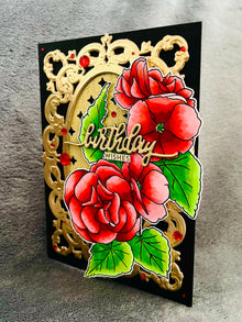 Red Begonia Flowers with Elegant Gold Frame Birthday Wishes Card