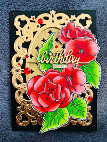 Red Begonia Flowers with Elegant Gold Frame Birthday Wishes Card