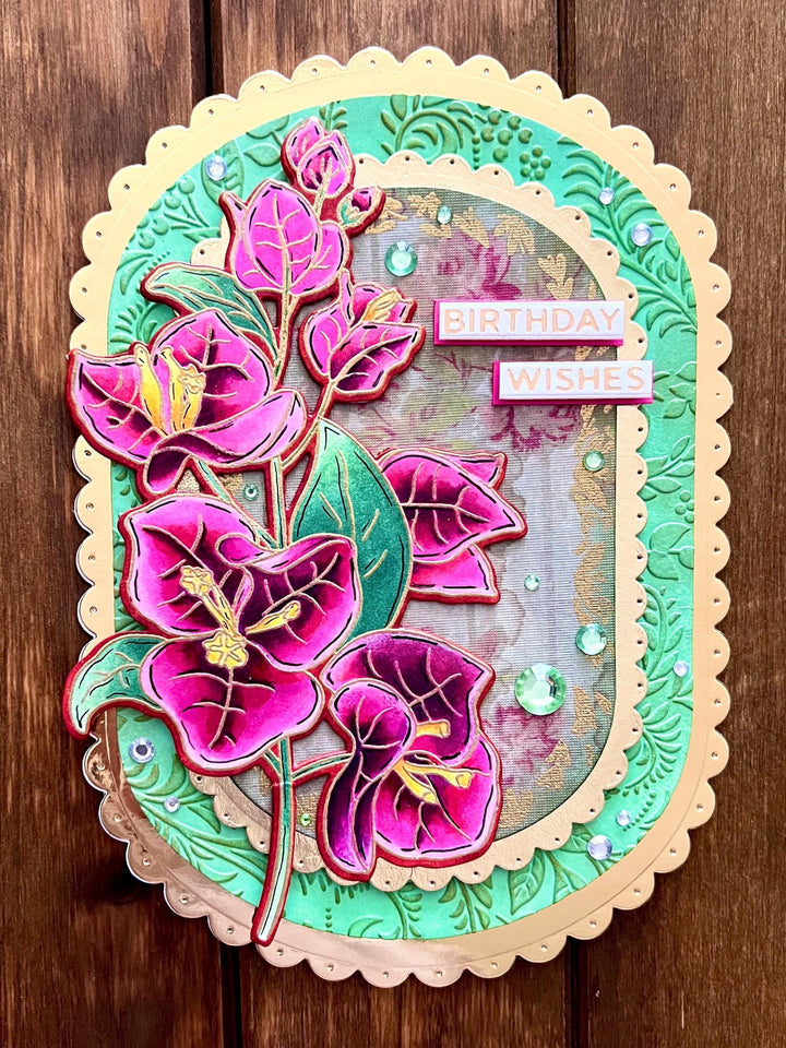 Pink Bougainvillea Flowers Oval Shaped Scalloped Edge Birthday Wishes Card
