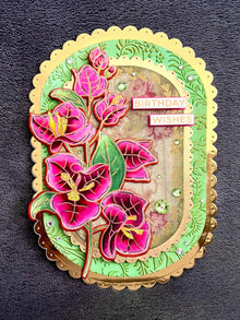 Pink Bougainvillea Flowers Oval Shaped Scalloped Edge Birthday Wishes Card