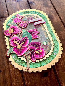 Pink Bougainvillea Flowers Oval Shaped Scalloped Edge Birthday Wishes Card