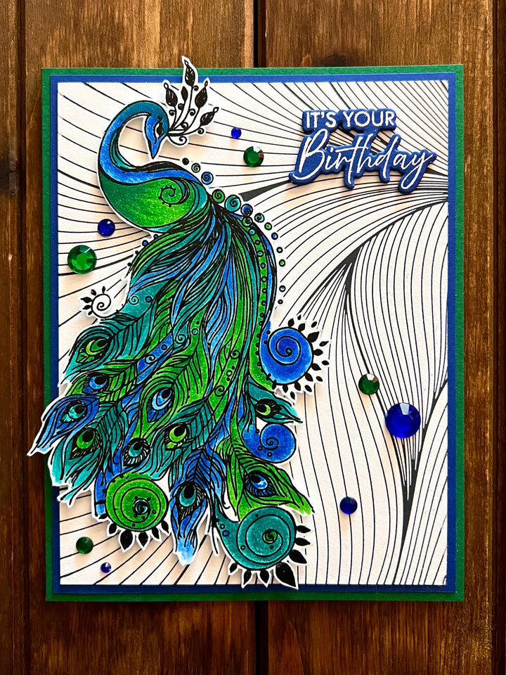 Blue and Green Peacock with Black and White Letter Press Curved Line Patterned Background It's Your Birthday Card