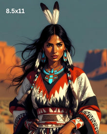 Desert Winds Warrior | Native American Woman Portrait | Feathered Headdress Fantasy Print | Southwest Landscape Art | 2 Sizes