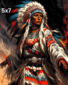 War Chief in Flames | Fierce Native American Warrior Portrait | Epic Feathered Headdress Fantasy Print | 2 Sizes