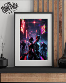 Neon Rain Apocalypse | Cyberpunk Couple with Guns | Demonic City Horde Fantasy Print | 2 Sizes