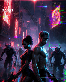 Neon Rain Apocalypse | Cyberpunk Couple with Guns | Demonic City Horde Fantasy Print | 2 Sizes