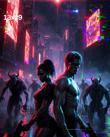 Neon Rain Apocalypse | Cyberpunk Couple with Guns | Demonic City Horde Fantasy Print | 2 Sizes