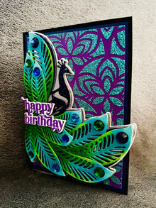 Blue Glitter Peacock with Large Plumed Feathers Happy Birthday Card