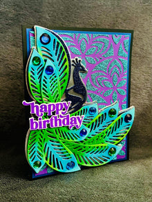 Blue Glitter Peacock with Large Plumed Feathers Happy Birthday Card