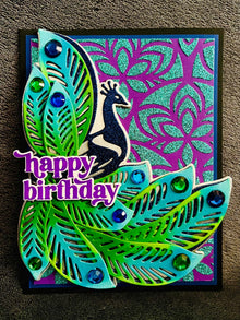 Blue Glitter Peacock with Large Plumed Feathers Happy Birthday Card