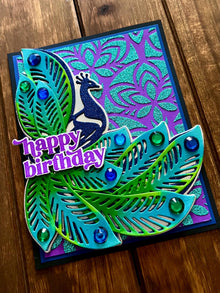 Blue Glitter Peacock with Large Plumed Feathers Happy Birthday Card