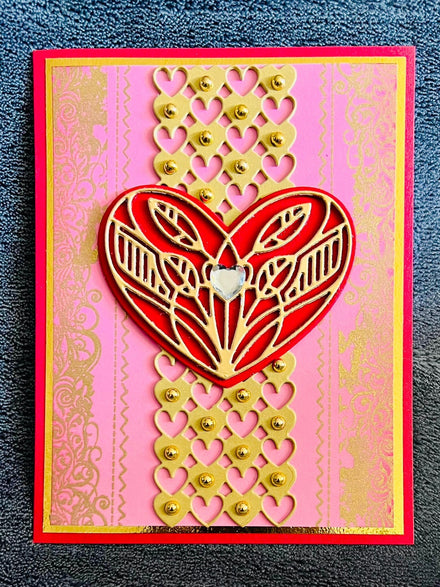 Red Heart with Gold Detailing and Gold Studded Heart Center Panel Blank Love Card