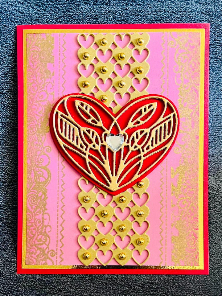 Red Heart with Gold Detailing and Gold Studded Heart Center Panel Blank Love Card