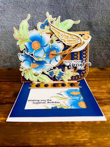 Golden Bird and Blue Florals Interactive Sliding Easel Birthday Card