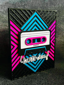 Retro Cassette Tape Pink and Teal Geometric Design Birthday Card