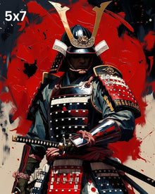 Samurai Warrior Art Print – Golden Crest Armor Portrait, Red Sun Japanese Illustration, High‑Detail Warrior Artwork | 2 Sizes
