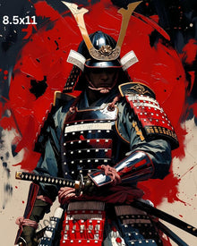 Samurai Warrior Art Print – Golden Crest Armor Portrait, Red Sun Japanese Illustration, High‑Detail Warrior Artwork | 2 Sizes