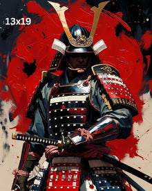 Samurai Warrior Art Print – Golden Crest Armor Portrait, Red Sun Japanese Illustration, High‑Detail Warrior Artwork | 2 Sizes