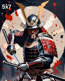 Samurai Warrior Art Print – Dual‑Blade Armor Portrait, Red & Gold Japanese Illustration, High‑Detail Warrior Artwork | 2 Sizes