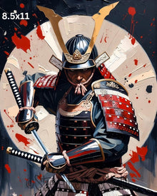 Samurai Warrior Art Print – Dual‑Blade Armor Portrait, Red & Gold Japanese Illustration, High‑Detail Warrior Artwork | 2 Sizes