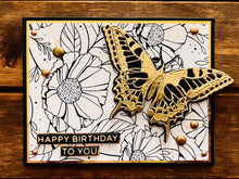 Golden Butterfly and Line Art Florals Birthday Card