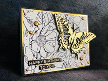 Golden Butterfly and Line Art Florals Birthday Card