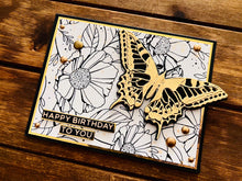 Golden Butterfly and Line Art Florals Birthday Card