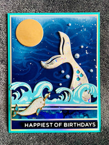 Gold Moon, Mermaid Fishtail and Narwhal Happy Birthday Card