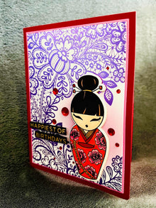 Red Kimono Doll Purple Floral Lace Background Birthday Card
