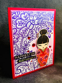 Red Kimono Doll Purple Floral Lace Background Birthday Card