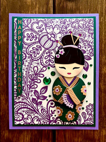 Green Kimono Doll Purple Floral Lace Background Birthday Card