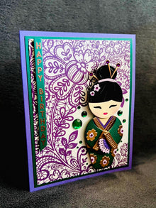 Green Kimono Doll Purple Floral Lace Background Birthday Card
