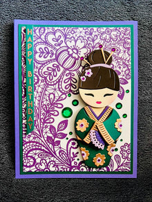 Green Kimono Doll Purple Floral Lace Background Birthday Card