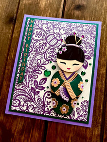 Green Kimono Doll Purple Floral Lace Background Birthday Card