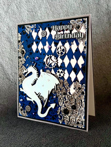 Holographic Silver Dragon Mixed Media Background Happy Birthday Card