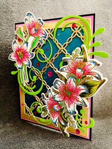 Pink and Blue Lillies Gold Chain Background Blank Card