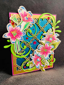 Pink and Blue Lillies Gold Chain Background Blank Card
