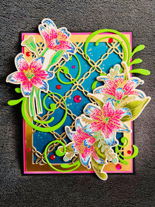Pink and Blue Lillies Gold Chain Background Blank Card