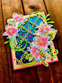 Pink and Blue Lillies Gold Chain Background Blank Card