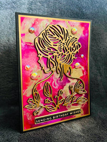 Gold Silhouette Birthday Card: Alcohol Ink, Gem Accents