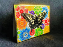 Black and Gold Butterfly with Rainbow Floral Background Blank Card
