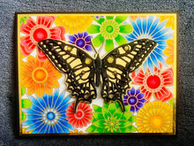 Black and Gold Butterfly with Rainbow Floral Background Blank Card