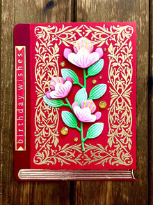 Red Book with Pink Florals Birthday Wishes Card