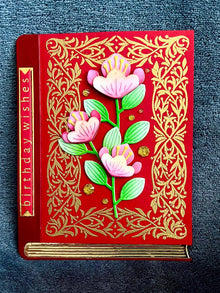 Red Book with Pink Florals Birthday Wishes Card