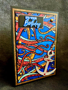 Red Octopus Tentacle Background with Silver Anchor It's Your Birthday Card