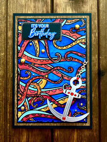 Red Octopus Tentacle Background with Silver Anchor It's Your Birthday Card